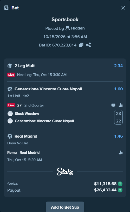 Bet slip: Roma - Real Madrid, $11,327.00 stake at 1.46 odds, placed by MrNoluck92