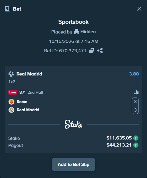 Bet slip: Roma - Real Madrid, $11,646.69 stake at 3.80 odds, placed by tqiforcat
