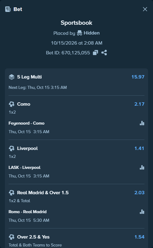 Bet slip: Roma - Real Madrid, $11,913.06 stake at 2.03 odds, placed by tqiforcat