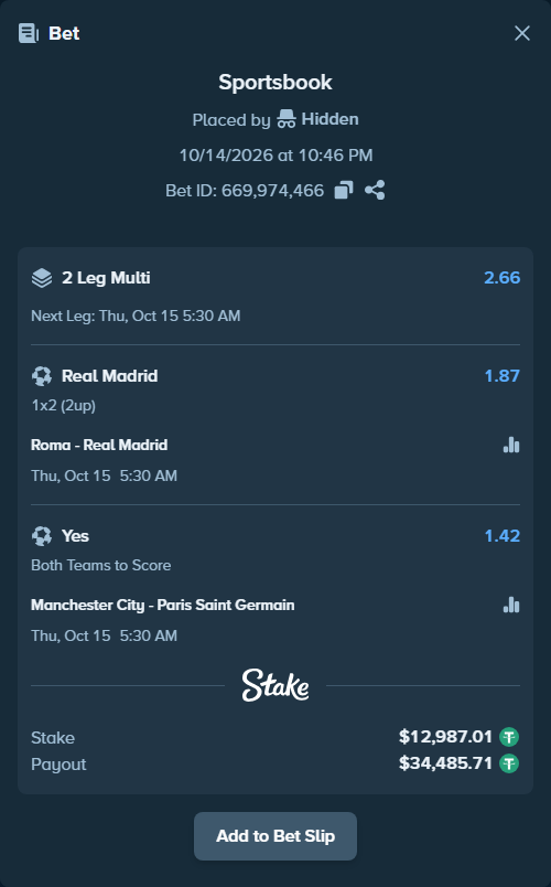 Bet slip: Roma - Real Madrid, $13,000.00 stake at 1.87 odds, placed by Albertosf90
