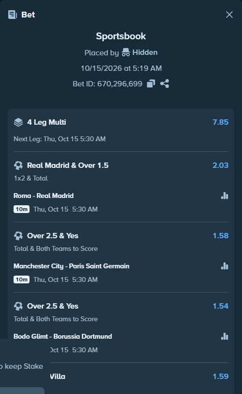 Bet slip: Roma - Real Madrid, $13,718.38 stake at 2.03 odds, placed by tqiforcat