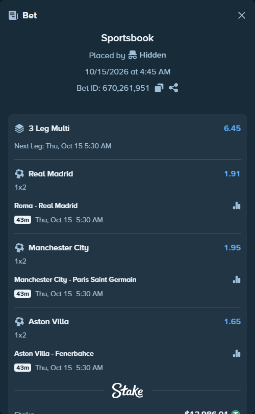Bet slip: Roma - Real Madrid, $14,000.00 stake at 1.91 odds, placed by ashaark