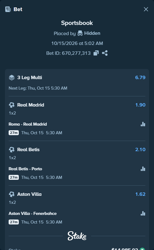 Bet slip: Roma - Real Madrid, $15,000.00 stake at 1.90 odds, placed by ashaark