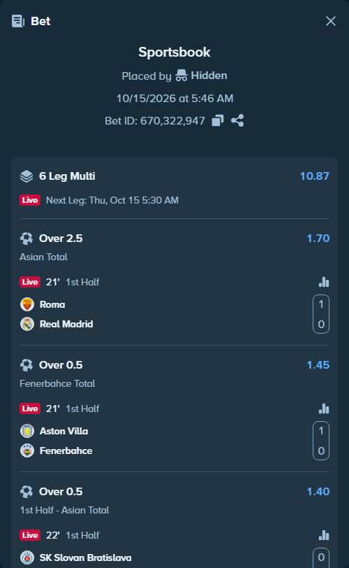 Bet slip: Roma - Real Madrid, $20,020.00 stake at 1.70 odds, placed by Hidden