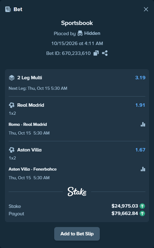 Bet slip: Roma - Real Madrid, $25,000.00 stake at 1.91 odds, placed by ashaark