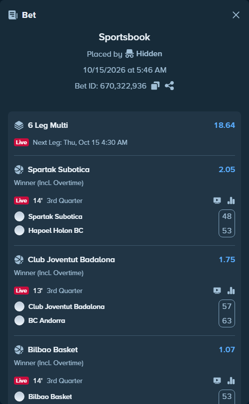 Bet slip: Roma - Real Madrid, $32,038.65 stake at 1.50 odds, placed by Prettylfacko98