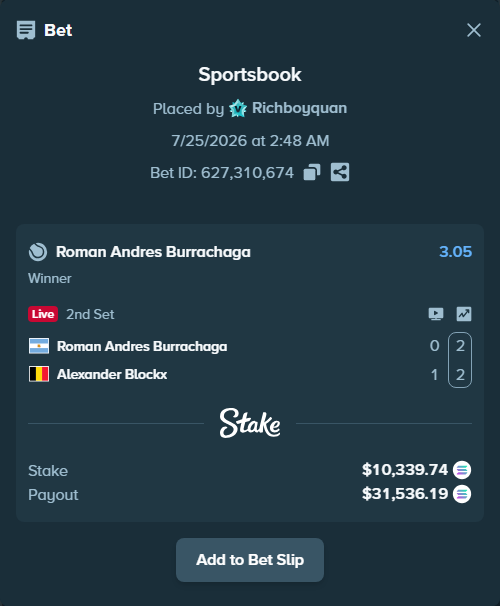 Bet slip: Roman Andres Burrachaga - Alexander Blockx, $10,173.80 stake at 3.05 odds, placed by Richboyquan