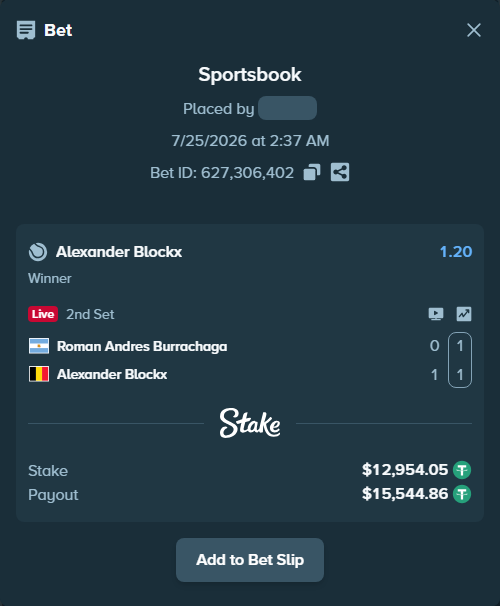 Bet slip: Roman Andres Burrachaga - Alexander Blockx, $12,967.00 stake at 1.20 odds, placed by antoniku