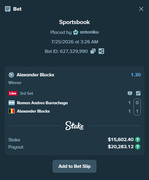Bet slip: Roman Andres Burrachaga - Alexander Blockx, $15,618.00 stake at 1.30 odds, placed by antoniku