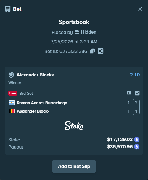 Bet slip: Roman Andres Burrachaga - Alexander Blockx, $17,502.91 stake at 2.10 odds, placed by Hidden