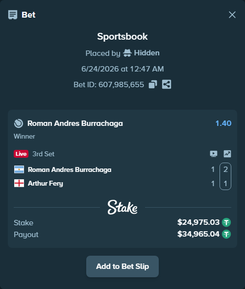 Bet slip: Roman Andres Burrachaga - Arthur Fery, $25,000.00 stake at 1.40 odds, placed by Hidden