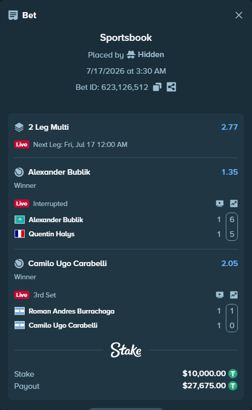 Bet slip: Roman Andres Burrachaga - Camilo Ugo Carabelli, $10,010.00 stake at 2.05 odds, placed by Hidden