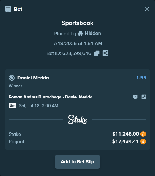 Bet slip: Roman Andres Burrachaga - Daniel Merida, $11,417.09 stake at 1.55 odds, placed by Hidden