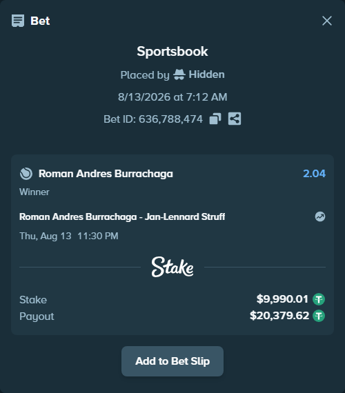 Bet slip: Roman Andres Burrachaga - Jan-Lennard Struff, $10,000.00 stake at 2.04 odds, placed by Hidden