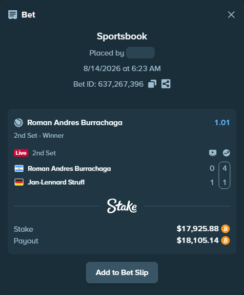 Bet slip: Roman Andres Burrachaga - Jan-Lennard Struff, $17,989.22 stake at 1.01 odds, placed by Ronald7878