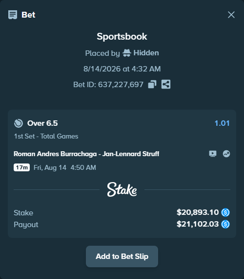Bet slip: Roman Andres Burrachaga - Jan-Lennard Struff, $20,893.10 stake at 1.01 odds, placed by Hidden