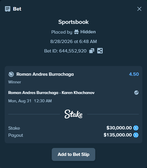 Bet slip: Roman Andres Burrachaga - Karen Khachanov, $30,000.00 stake at 4.50 odds, placed by Hidden