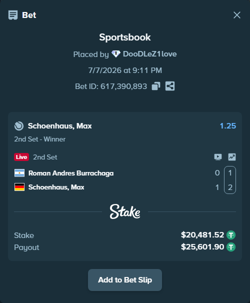 Bet slip: Roman Andres Burrachaga - Schoenhaus, Max, $20,502.00 stake at 1.25 odds, placed by DooDLeZ1love