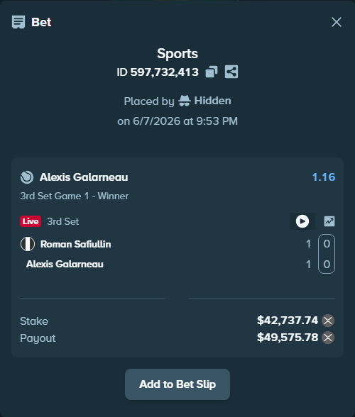 Bet slip: Roman Safiullin - Alexis Galarneau, $43,707.67 stake at 1.16 odds, placed by Hidden
