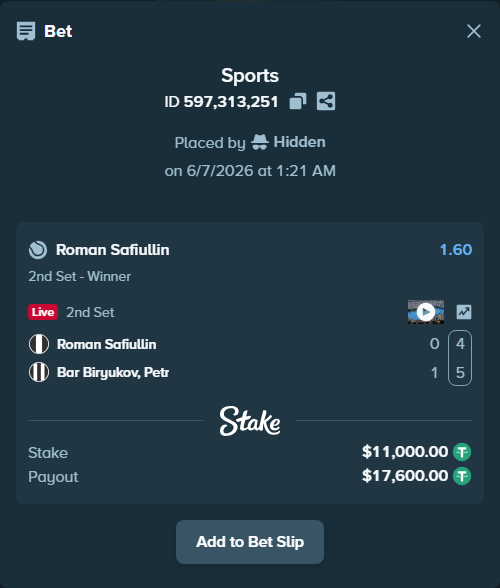 Bet slip: Roman Safiullin - Bar Biryukov, Petr, $11,000.00 stake at 1.60 odds, placed by Hidden