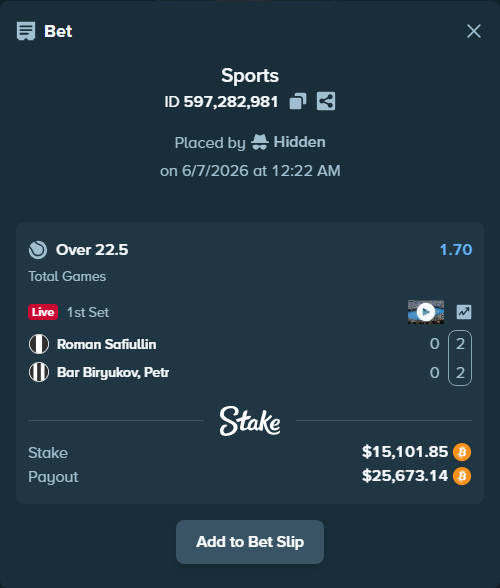 Bet slip: Roman Safiullin - Bar Biryukov, Petr, $15,942.34 stake at 1.70 odds, placed by Hidden