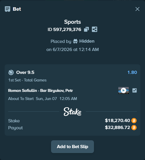 Bet slip: Roman Safiullin - Bar Biryukov, Petr, $19,299.00 stake at 1.80 odds, placed by Hidden