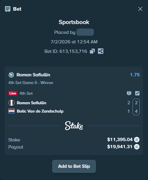 Bet slip: Roman Safiullin - Botic Van de Zandschulp, $12,174.77 stake at 1.75 odds, placed by Prettylfacko98