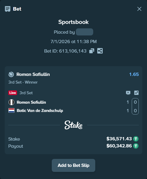 Bet slip: Roman Safiullin - Botic Van de Zandschulp, $36,608.00 stake at 1.65 odds, placed by ayoflasher
