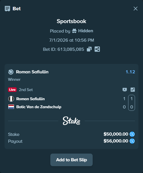 Bet slip: Roman Safiullin - Botic Van de Zandschulp, $50,000.00 stake at 1.12 odds, placed by Hidden