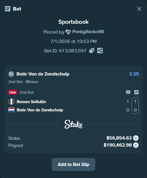 Bet slip: Roman Safiullin - Botic Van de Zandschulp, $62,305.90 stake at 3.35 odds, placed by Prettylfacko98