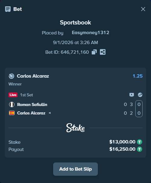 Bet slip: Roman Safiullin - Carlos Alcaraz, $13,000.00 stake at 1.25 odds, placed by Easymoney1312