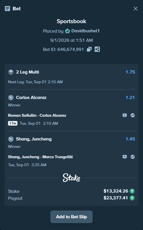 Bet slip: Roman Safiullin - Carlos Alcaraz, $13,324.26 stake at 1.21 odds, placed by Davidbushel1