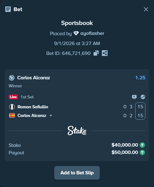 Bet slip: Roman Safiullin - Carlos Alcaraz, $40,000.00 stake at 1.25 odds, placed by ayoflasher