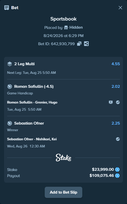 Bet slip: Roman Safiullin - Grenier, Hugo, $23,999.00 stake at 2.02 odds, placed by Hidden