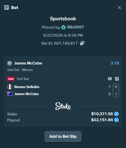 Bet slip: Roman Safiullin - James McCabe, $10,371.56 stake at 3.10 odds, placed by SBoSS97
