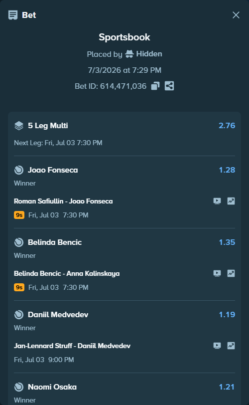 Bet slip: Roman Safiullin - Joao Fonseca, $13,329.20 stake at 1.28 odds, placed by Hidden