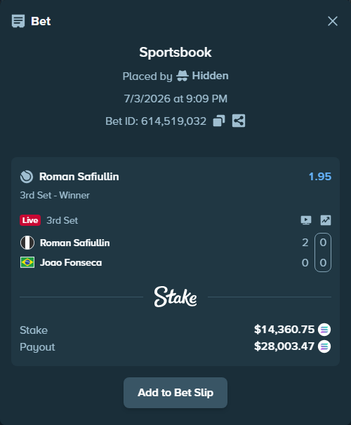 Bet slip: Roman Safiullin - Joao Fonseca, $14,516.60 stake at 1.95 odds, placed by Hidden