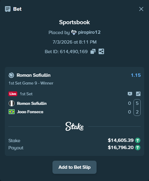 Bet slip: Roman Safiullin - Joao Fonseca, $14,620.00 stake at 1.15 odds, placed by piropiro12
