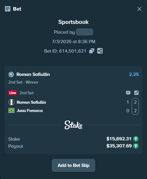 Bet slip: Roman Safiullin - Joao Fonseca, $15,708.00 stake at 2.25 odds, placed by RealJuari