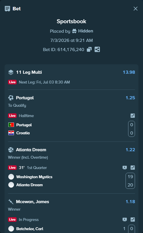 Bet slip: Roman Safiullin - Joao Fonseca, $40,907.99 stake at 1.31 odds, placed by Hidden