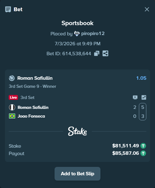 Bet slip: Roman Safiullin - Joao Fonseca, $81,593.00 stake at 1.05 odds, placed by piropiro12