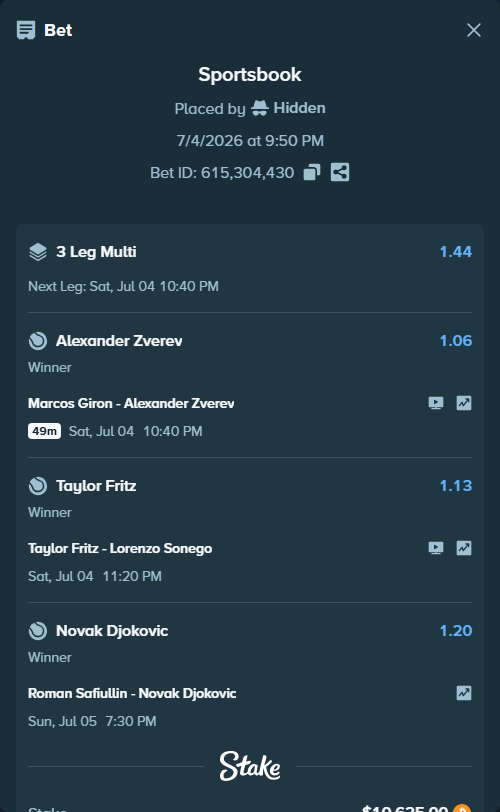 Bet slip: Roman Safiullin - Novak Djokovic, $10,640.64 stake at 1.20 odds, placed by Hidden