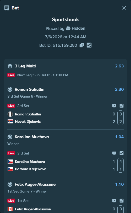 Bet slip: Roman Safiullin - Novak Djokovic, $11,650.00 stake at 2.30 odds, placed by Hidden