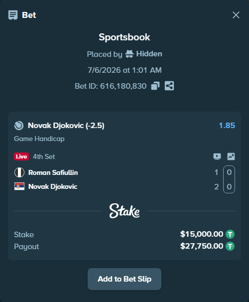 Bet slip: Roman Safiullin - Novak Djokovic, $15,015.00 stake at 1.85 odds, placed by Hidden