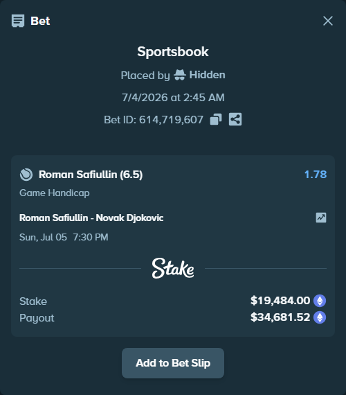 Bet slip: Roman Safiullin - Novak Djokovic, $20,125.01 stake at 1.78 odds, placed by Hidden