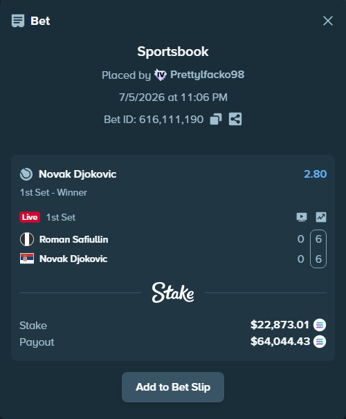 Bet slip: Roman Safiullin - Novak Djokovic, $22,923.73 stake at 2.80 odds, placed by Prettylfacko98