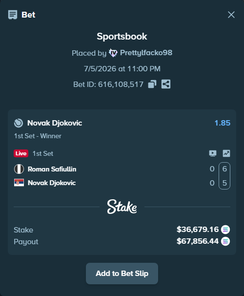 Bet slip: Roman Safiullin - Novak Djokovic, $36,796.79 stake at 1.85 odds, placed by Prettylfacko98