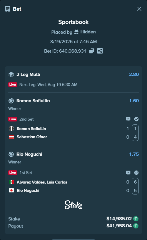 Bet slip: Roman Safiullin - Sebastian Ofner, $15,000.00 stake at 1.60 odds, placed by Hidden