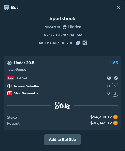 Bet slip: Roman Safiullin - Stan Wawrinka, $14,557.75 stake at 1.85 odds, placed by Hidden