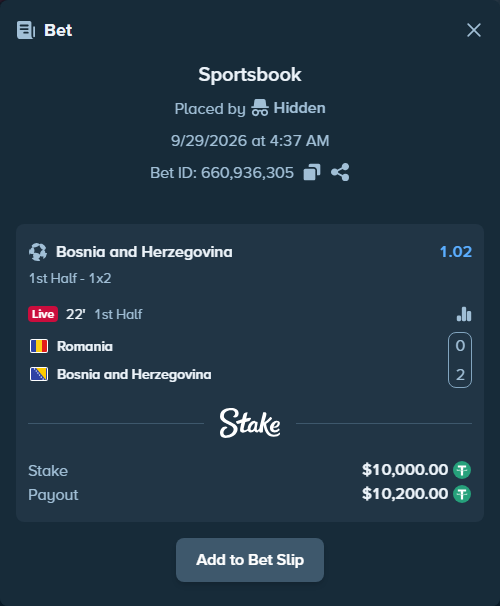Bet slip: Romania - Bosnia and Herzegovina, $10,000.00 stake at 1.02 odds, placed by Amirmhd99